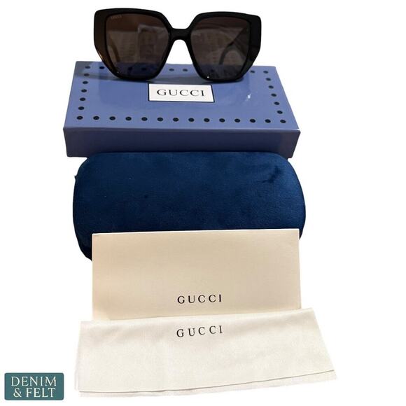 GUCCI GG0956S Rectangle Sunglasses Black/Gold Frame Grey Lens 54-19 Italy NEW - Picture 14 of 16